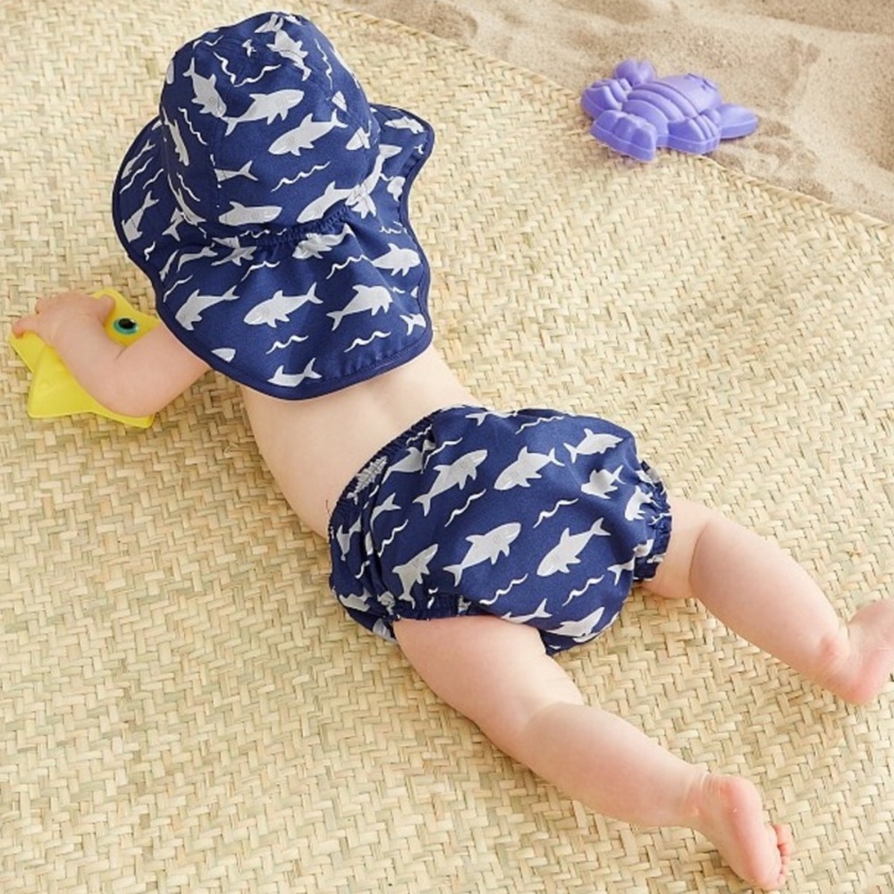 Pottery Barn Kids Shark Print Blue Hat and Diaper Cover Set